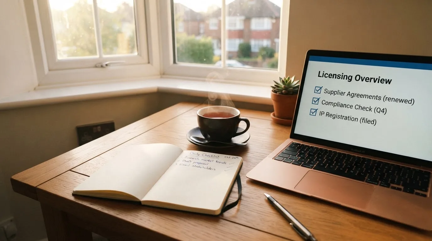 A tidy desk with a notebook, a mug of tea and a laptop open to a checklist, morning light through a window.
