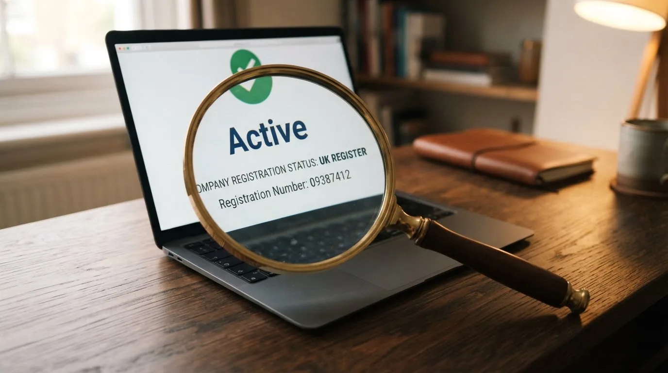 A magnifying glass rests over a printed regulatory certificate on a wooden desk.