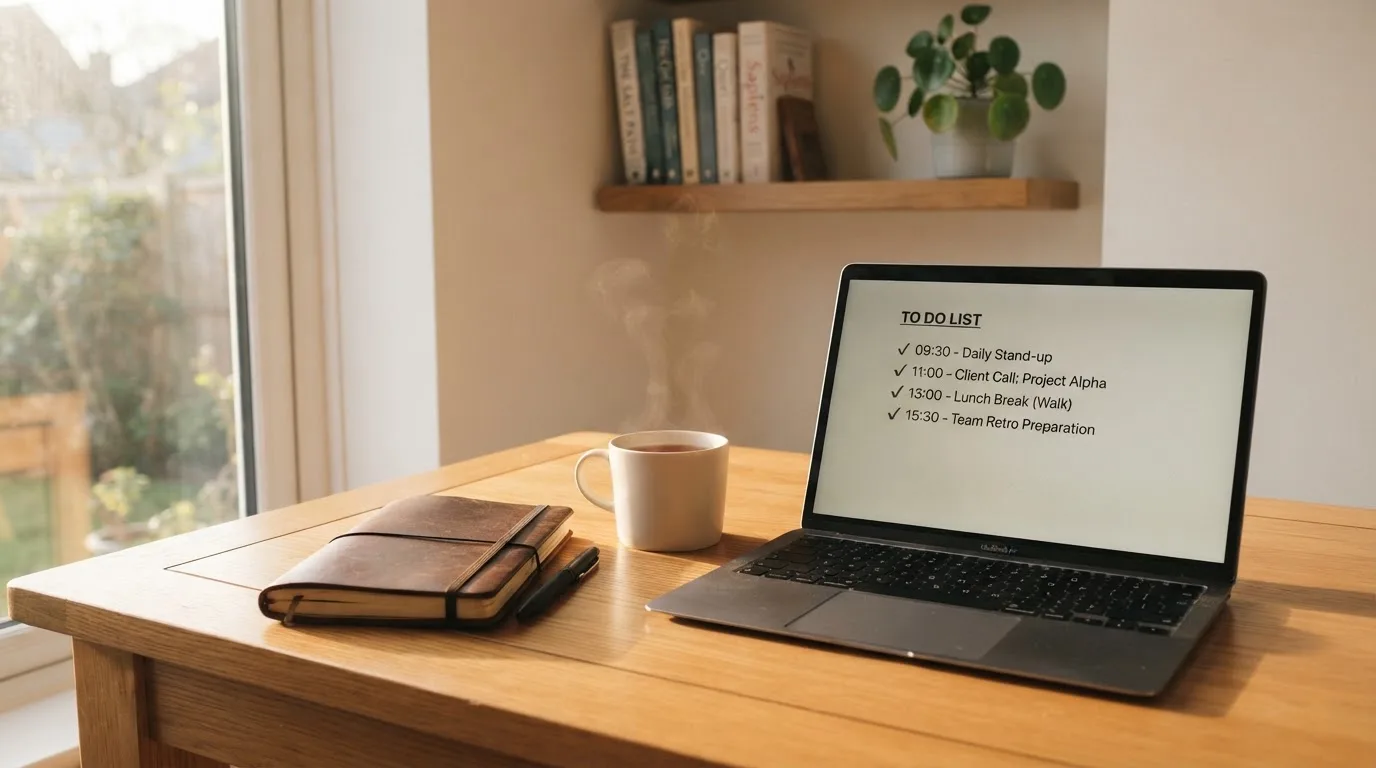 A tidy desk with a notebook, a mug of tea and a laptop open to a checklist, morning light through a window.