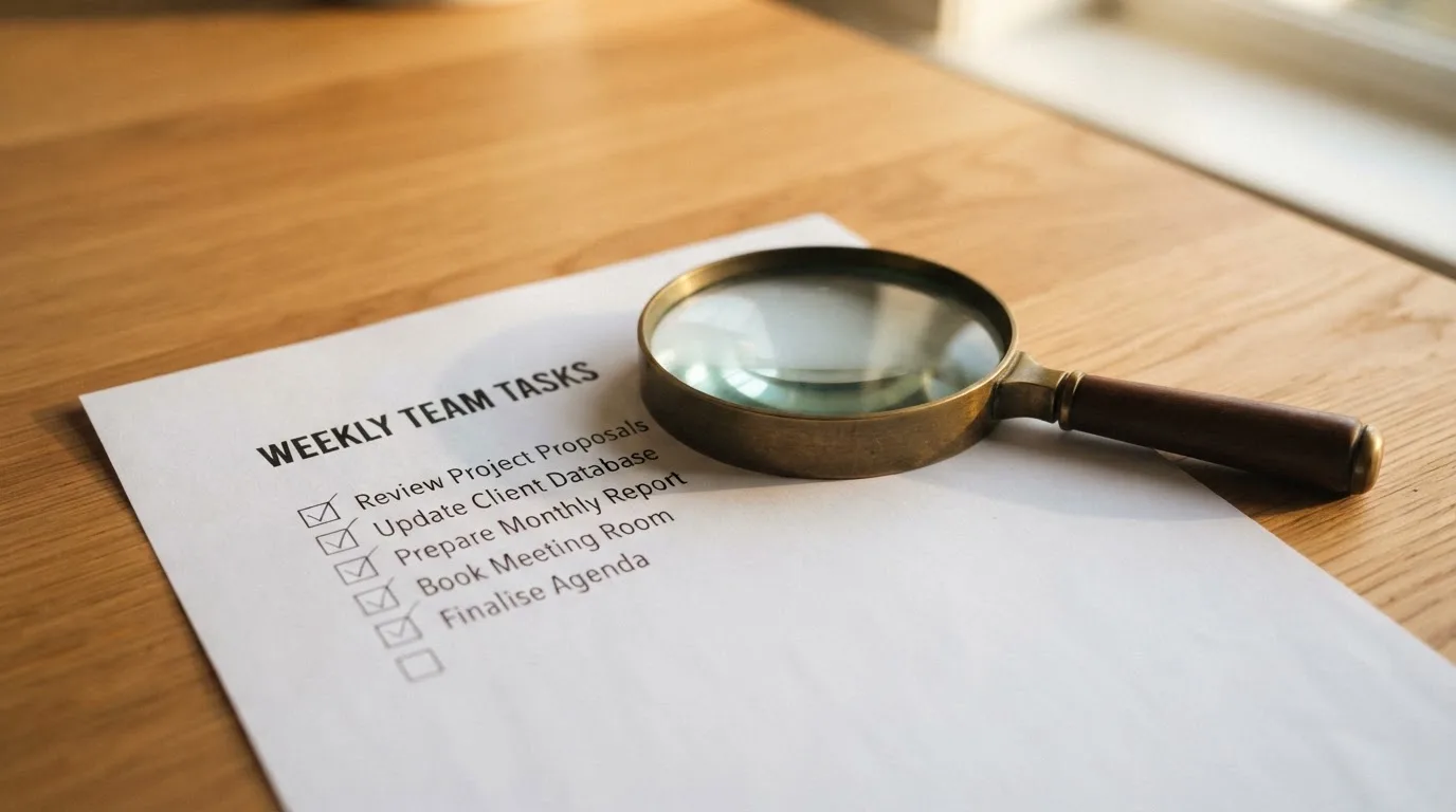 A magnifying glass rests over a printed regulatory certificate on a wooden desk.