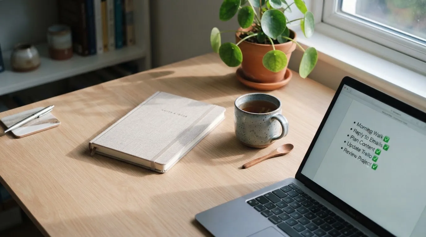 A tidy desk with a notebook, a mug of tea and a laptop open to a checklist, morning light through a window.