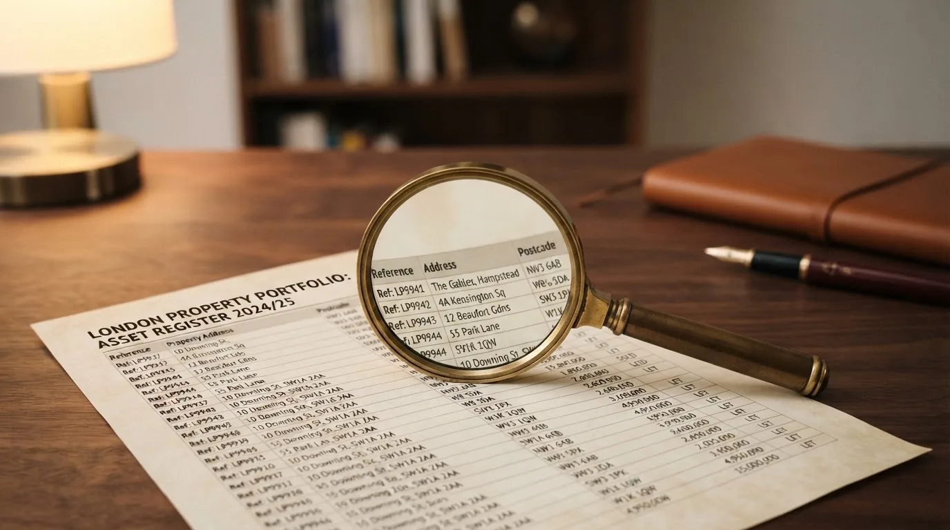 A magnifying glass rests over a printed regulatory certificate on a wooden desk.