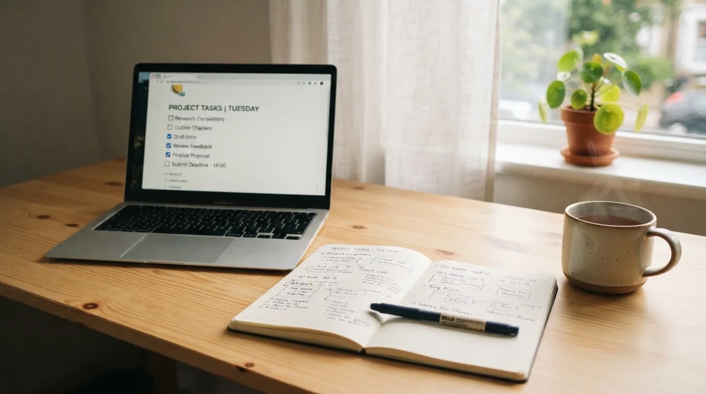 A tidy desk with a notebook, a mug of tea and a laptop open to a checklist, morning light through a window.
