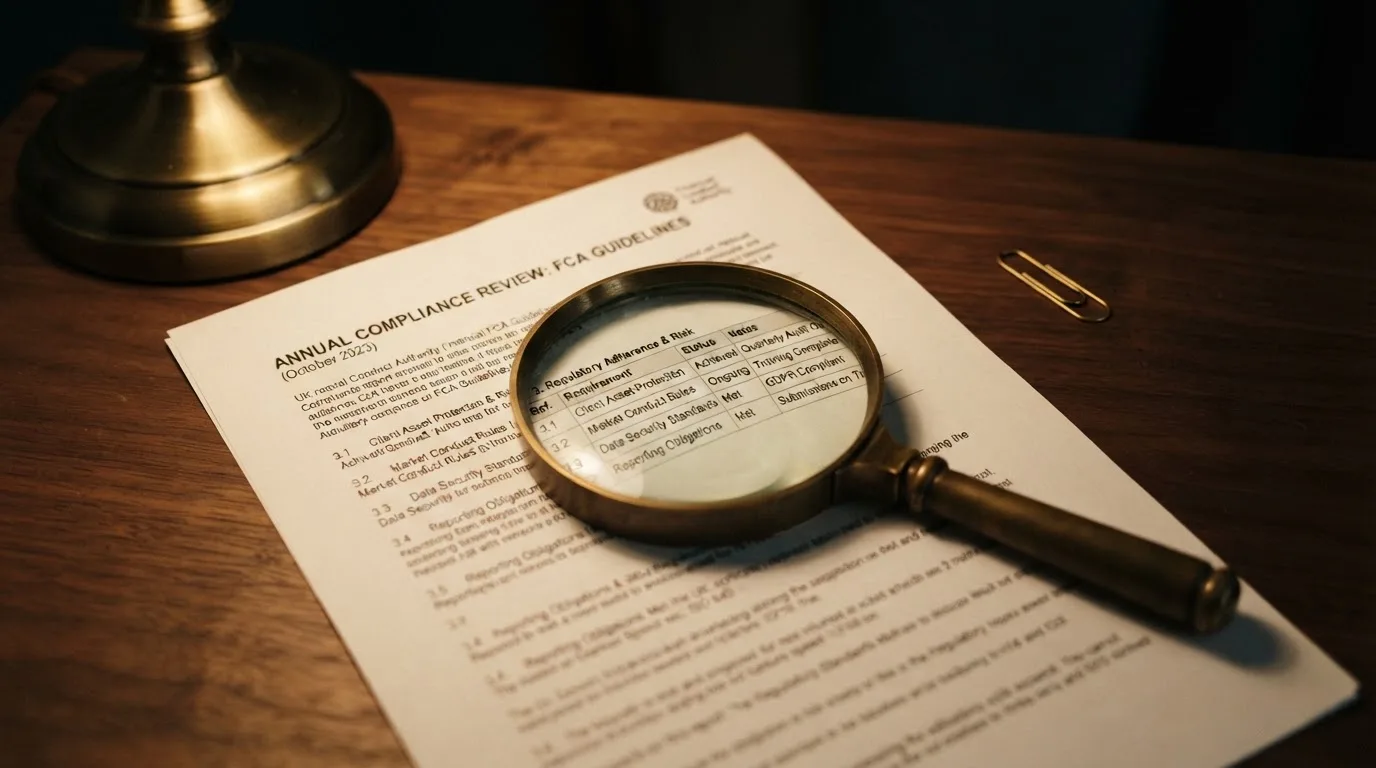 A magnifying glass rests over a printed regulatory certificate on a wooden desk.