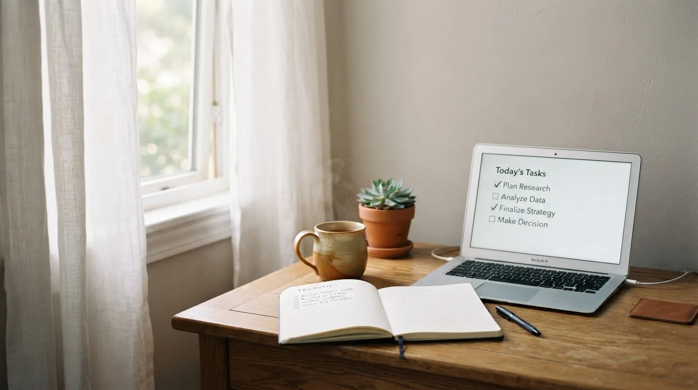 A tidy desk with a notebook, a mug of tea and a laptop open to a checklist, morning light through a window.