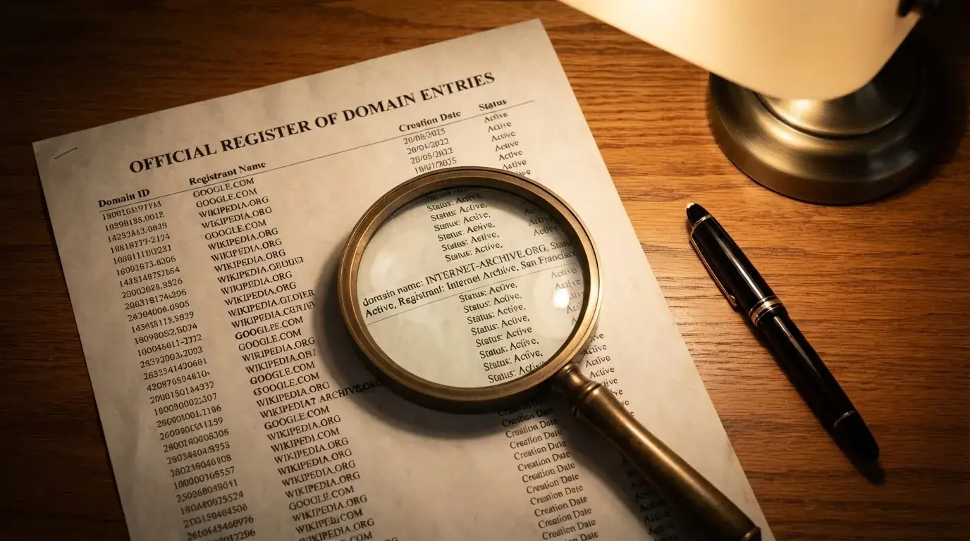 A magnifying glass rests over a printed regulatory certificate on a wooden desk.