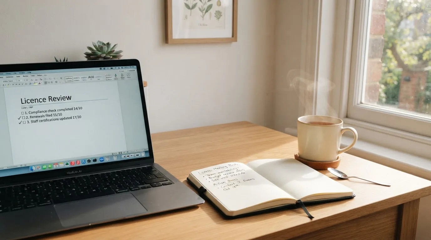 A tidy desk with a notebook, a mug of tea and a laptop open to a checklist, morning light through a window.