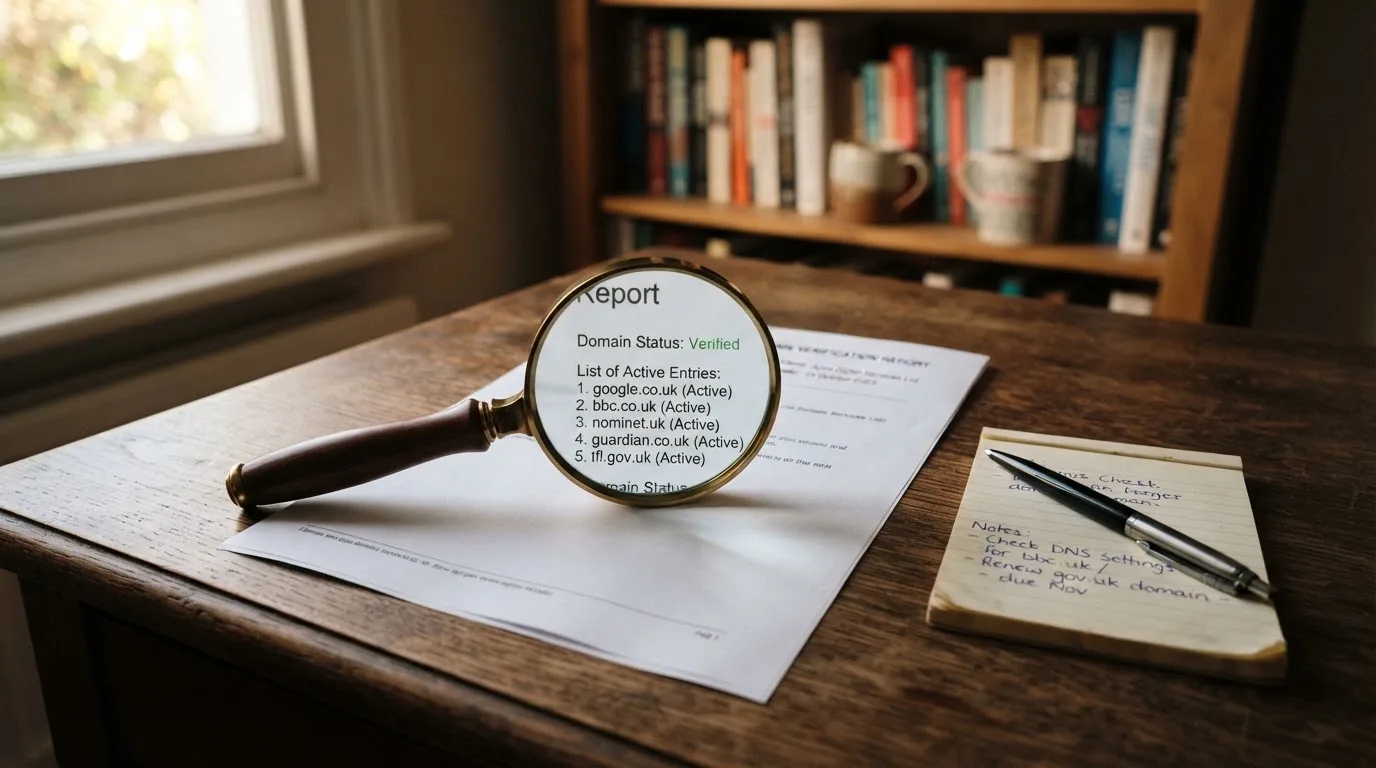 A magnifying glass rests over a printed regulatory certificate on a wooden desk.