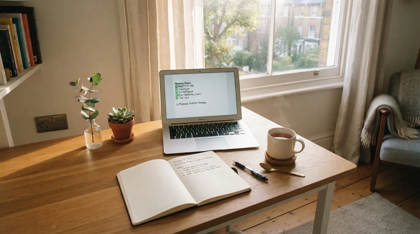 A tidy desk with a notebook, a mug of tea and a laptop open to a checklist, morning light through a window.