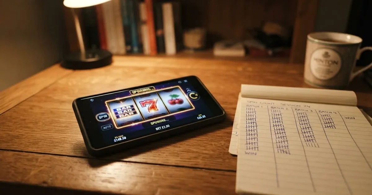 A notepad with a tally of spin counts rests beside a smartphone displaying a slot-reel icon on a desk.