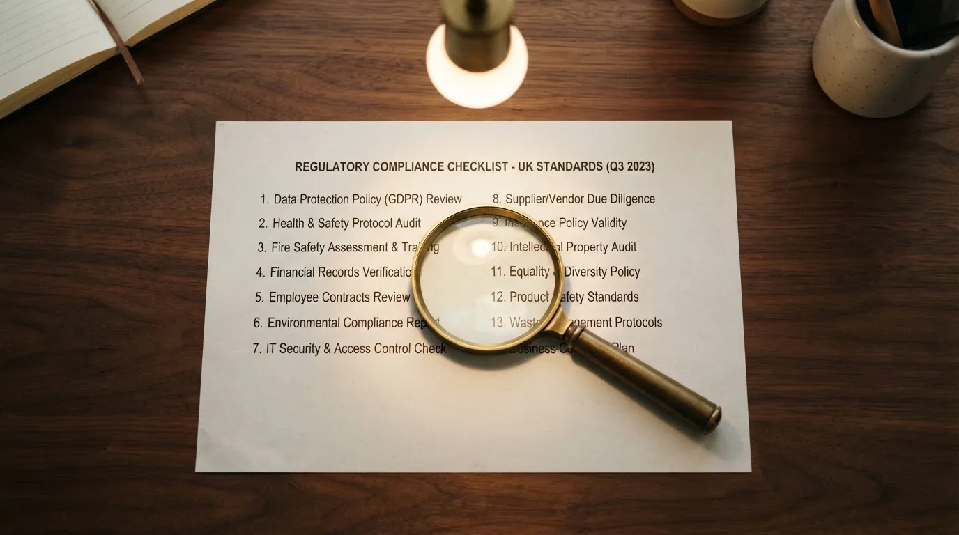 A magnifying glass rests over a printed regulatory certificate on a wooden desk.