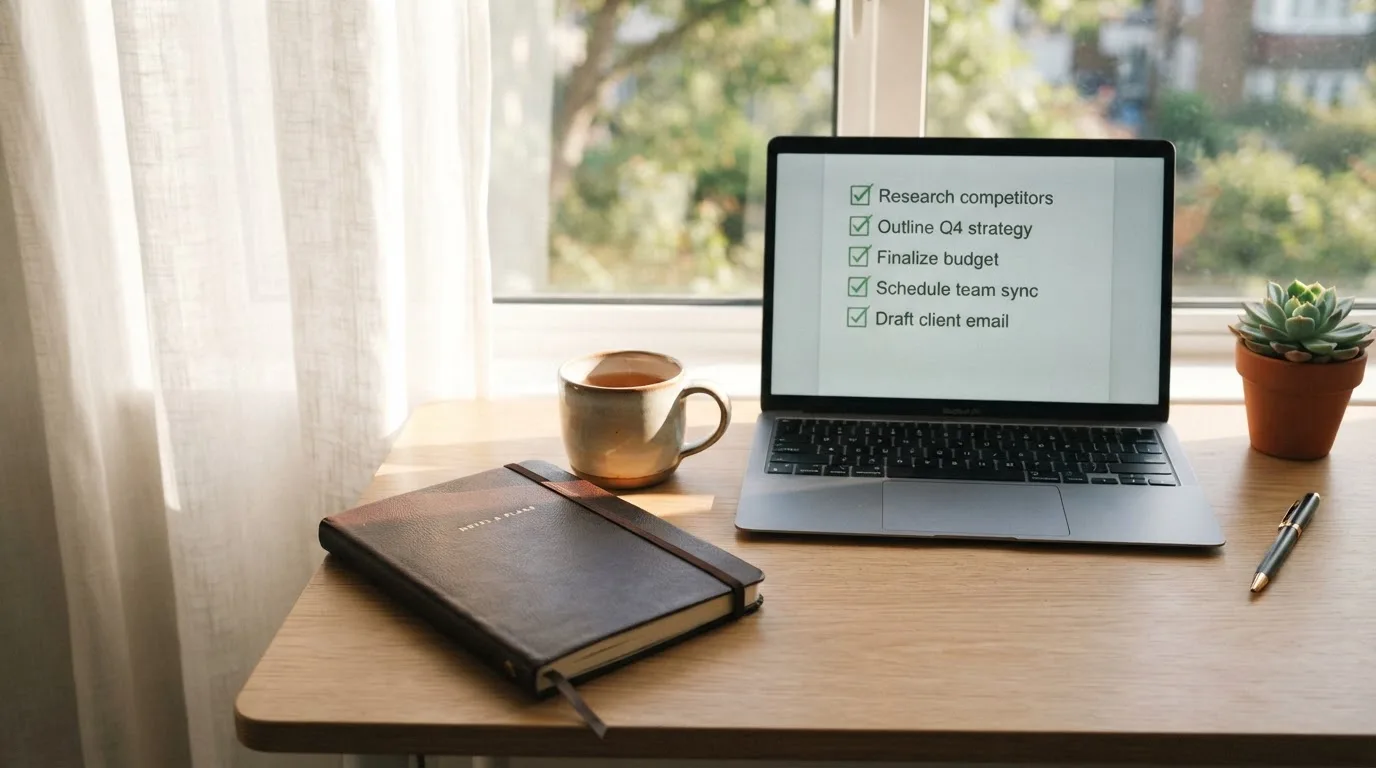 A tidy desk with a notebook, a mug of tea and a laptop open to a checklist, morning light through a window.