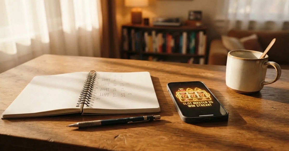 A notepad with a tally of spin counts rests beside a smartphone displaying a slot-reel icon on a desk.