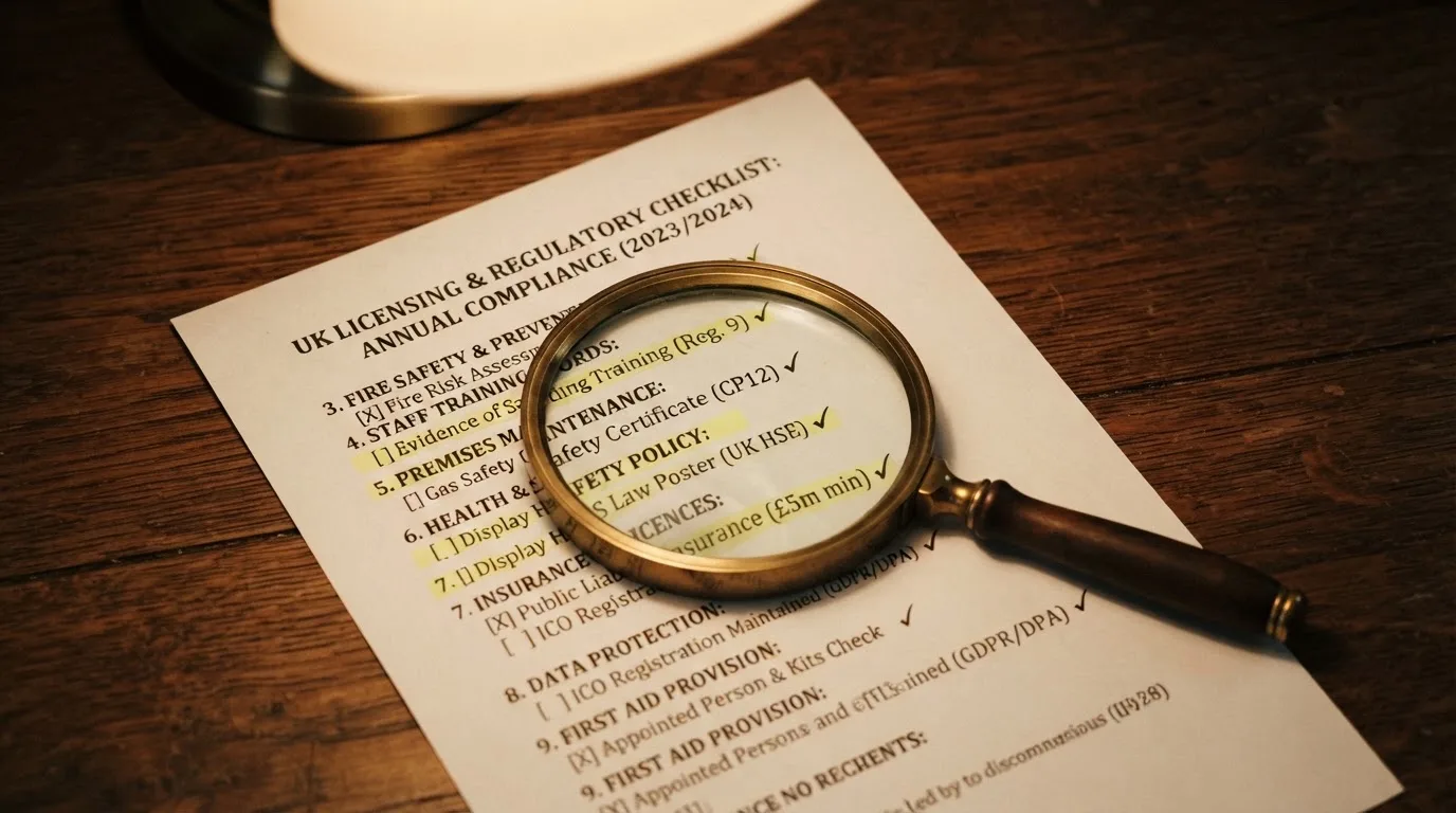A magnifying glass rests over a printed regulatory certificate on a wooden desk.