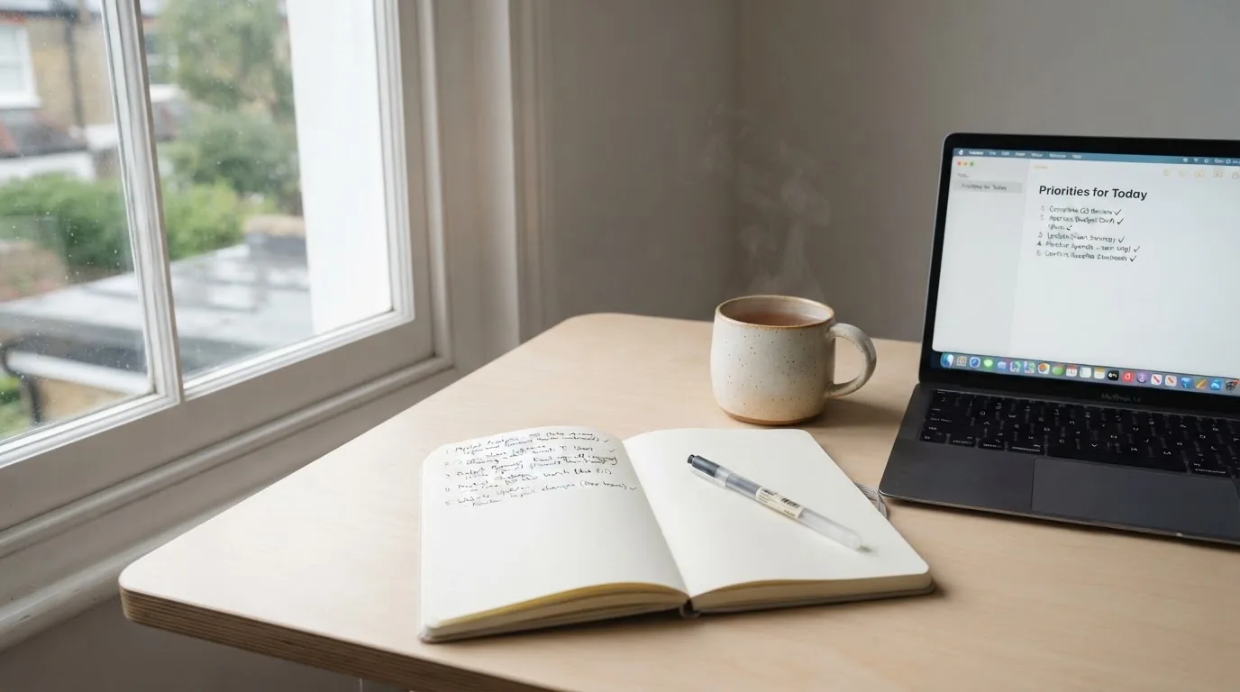A tidy desk with a notebook, a mug of tea and a laptop open to a checklist, morning light through a window.