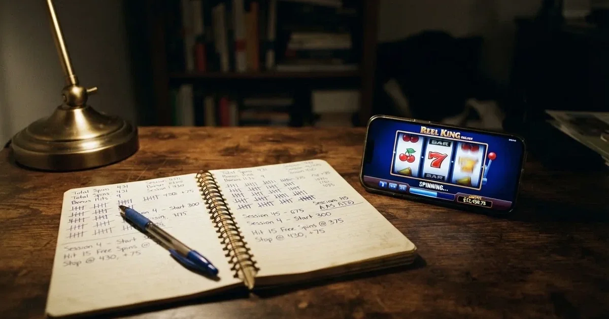 A notepad with a tally of spin counts rests beside a smartphone displaying a slot-reel icon on a desk.