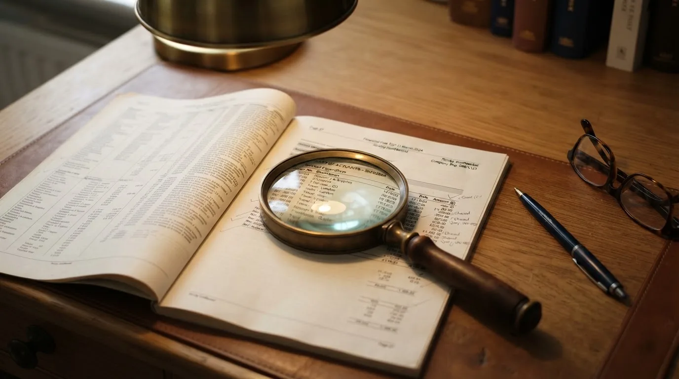 A magnifying glass rests over a printed regulatory certificate on a wooden desk.