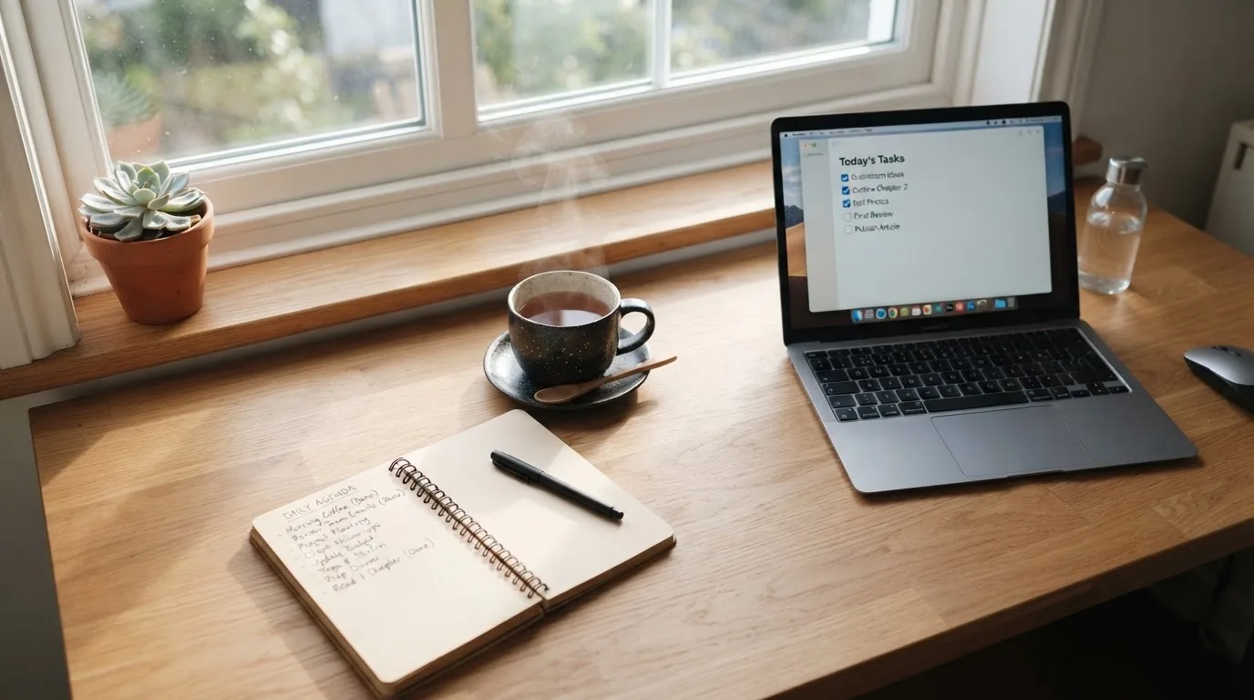 A tidy desk with a notebook, a mug of tea and a laptop open to a checklist, morning light through a window.