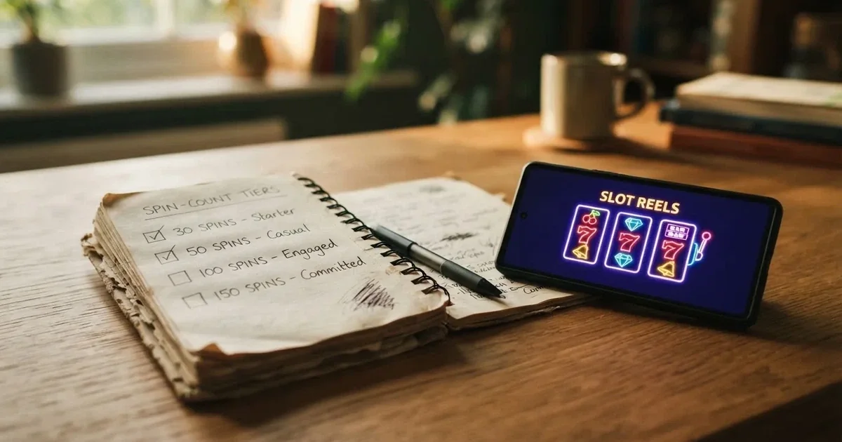 A notepad listing four spin-count tiers rests beside a smartphone displaying a slot-reel icon on a desk.