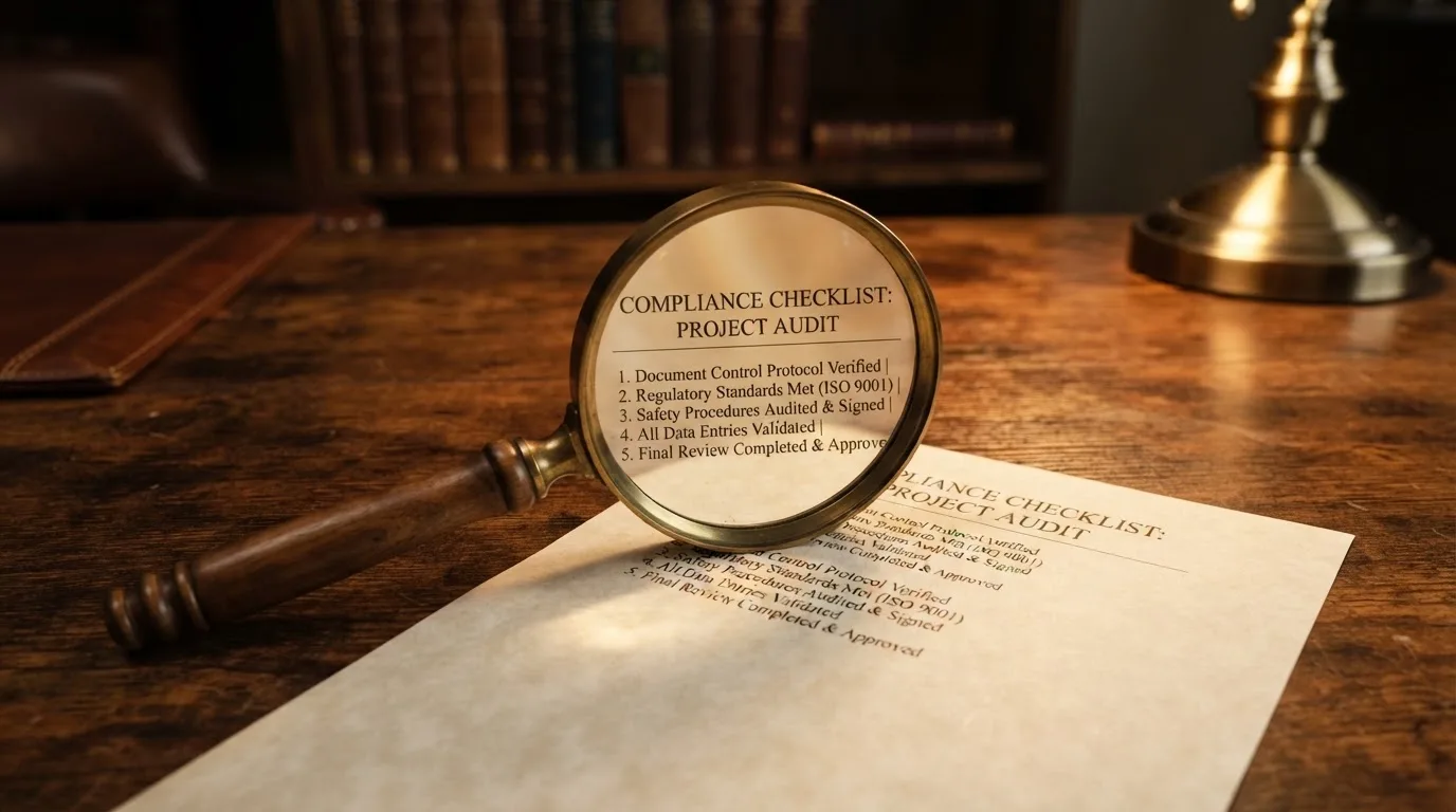 A magnifying glass rests over a printed regulatory certificate on a wooden desk.