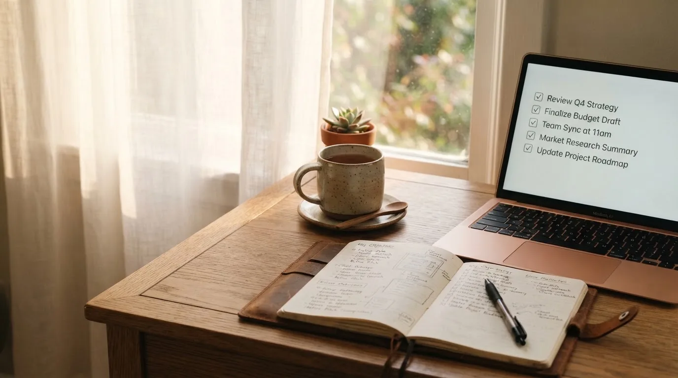 A tidy desk with a notebook, a mug of tea and a laptop open to a checklist, morning light through a window.