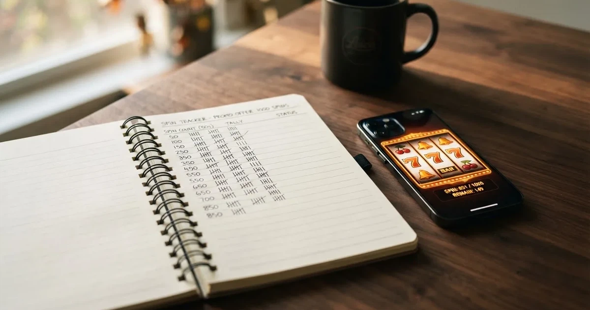 A notepad with a tally of spin counts rests beside a smartphone displaying a slot-reel icon on a desk.
