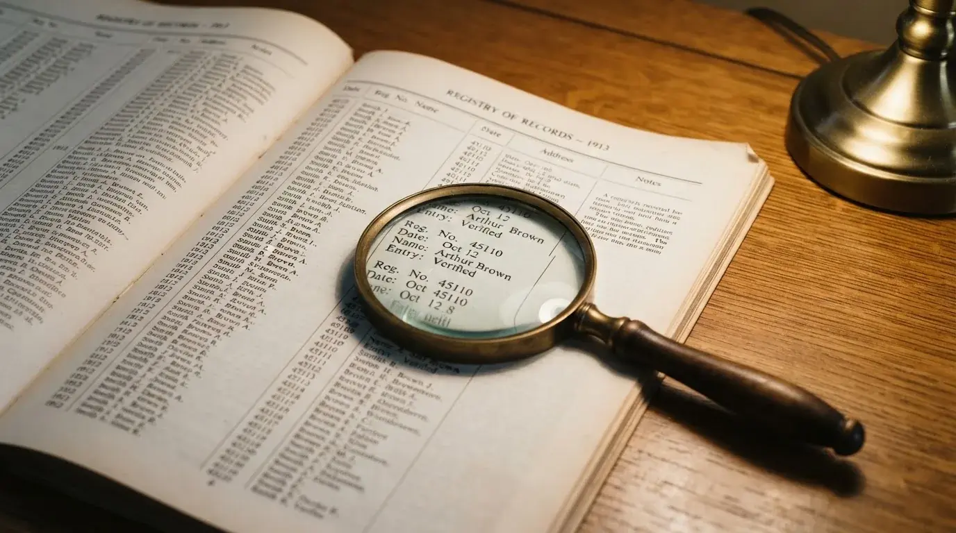 A magnifying glass rests over a printed regulatory certificate on a wooden desk.