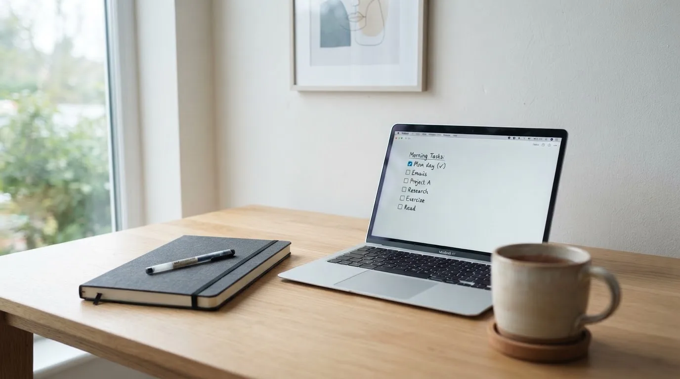 A tidy desk with a notebook, a mug of tea and a laptop open to a checklist, morning light through a window.