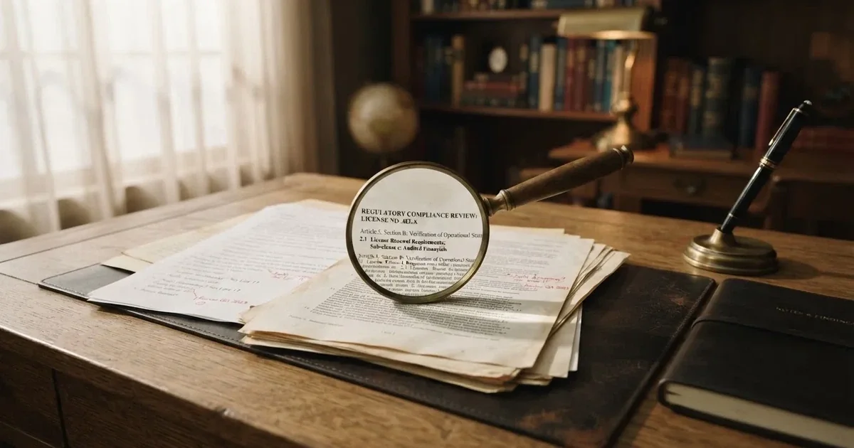 A magnifying glass rests over a printed offshore licence certificate on a wooden desk.