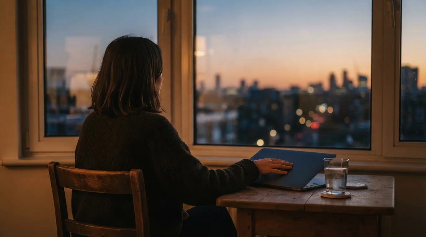 A person closes a laptop and looks out of a window at dusk, a glass of water on the table beside them.