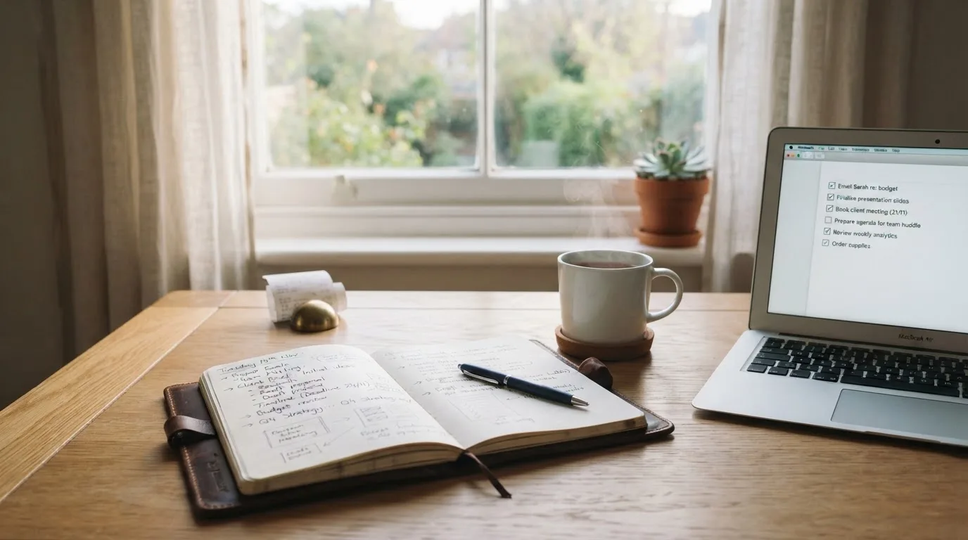 A tidy desk with a notebook, a mug of tea and a laptop open to a checklist, morning light through a window.