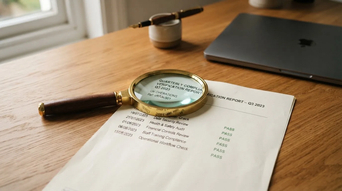 A magnifying glass rests over a printed regulatory certificate on a wooden desk.