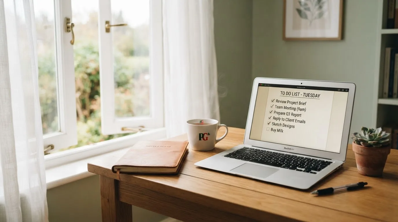 A tidy desk with a notebook, a mug of tea and a laptop open to a checklist, morning light through a window.