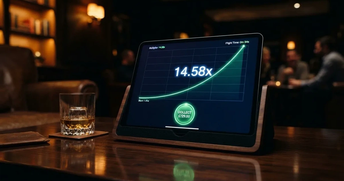 A tablet screen shows a rising flight-path line graph mid-round beside a cash-out button.