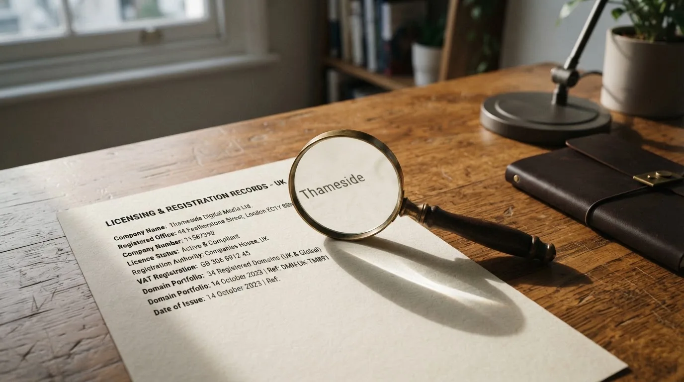 A magnifying glass rests over a printed regulatory certificate on a wooden desk.