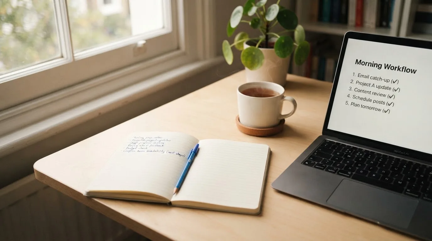 A tidy desk with a notebook, a mug of tea and a laptop open to a checklist, morning light through a window.