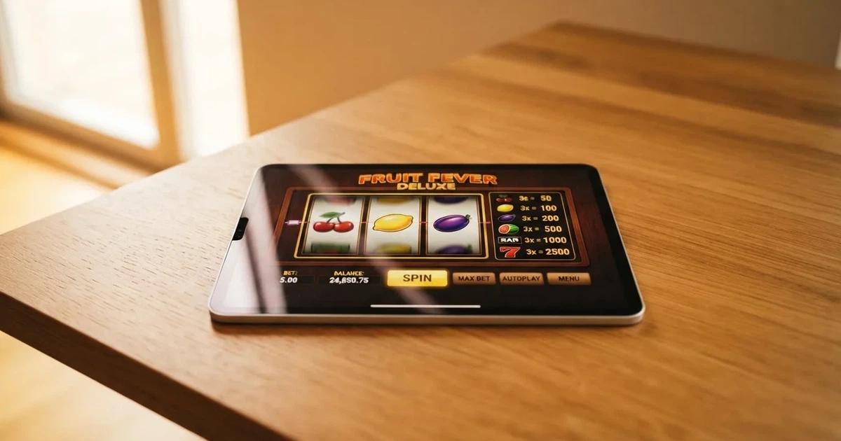 A tablet screen shows a simple three-reel slot layout with a payout chart beside it on a desk.