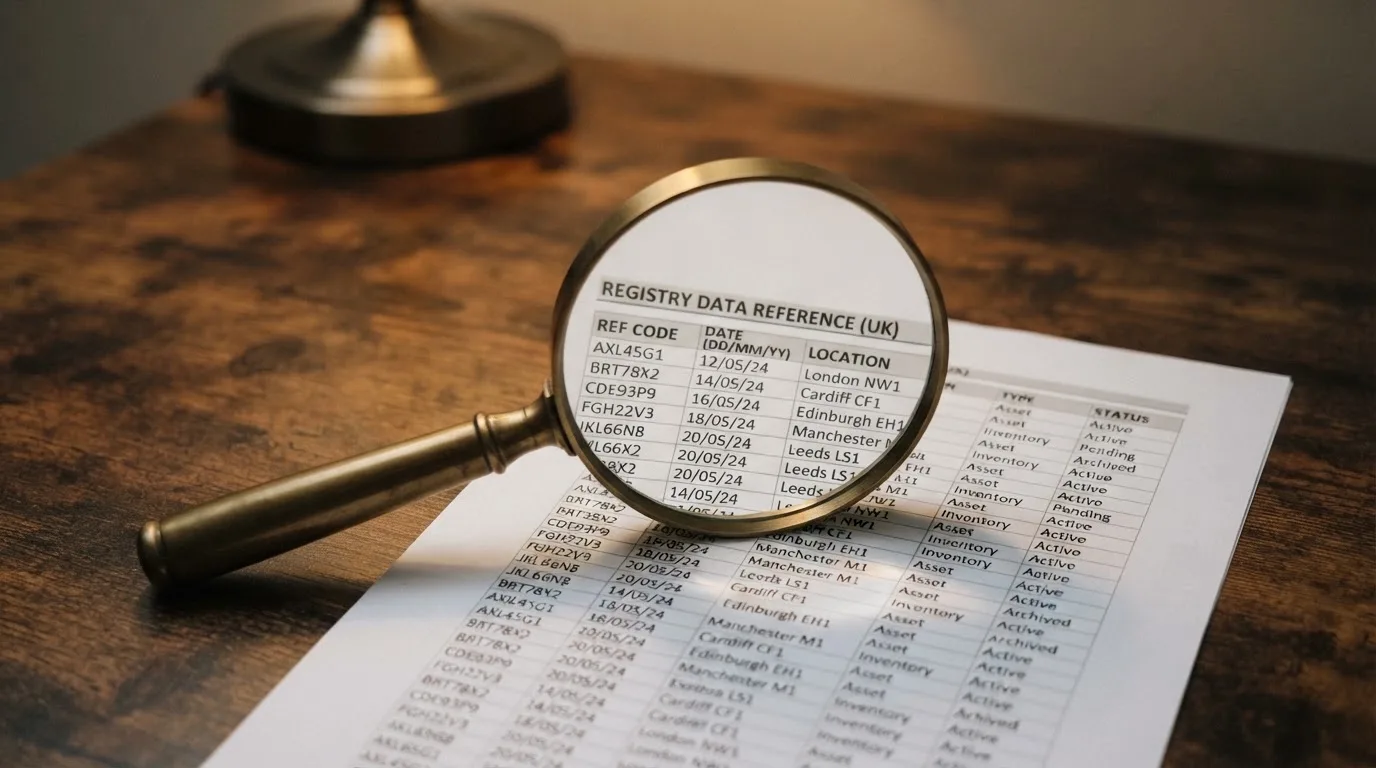 A magnifying glass rests over a printed regulatory certificate on a wooden desk.