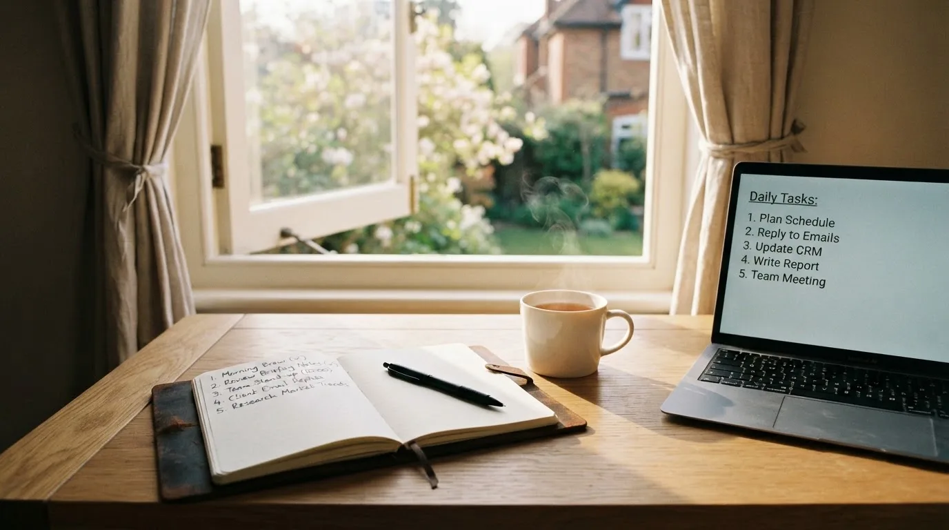 A tidy desk with a notebook, a mug of tea and a laptop open to a checklist, morning light through a window.