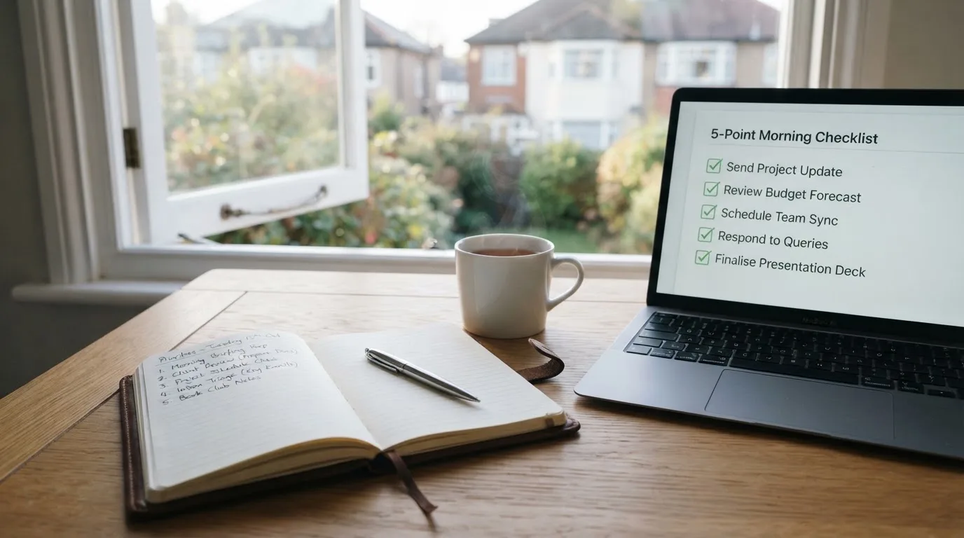 A tidy desk with a notebook, a mug of tea and a laptop open to a checklist, morning light through a window.