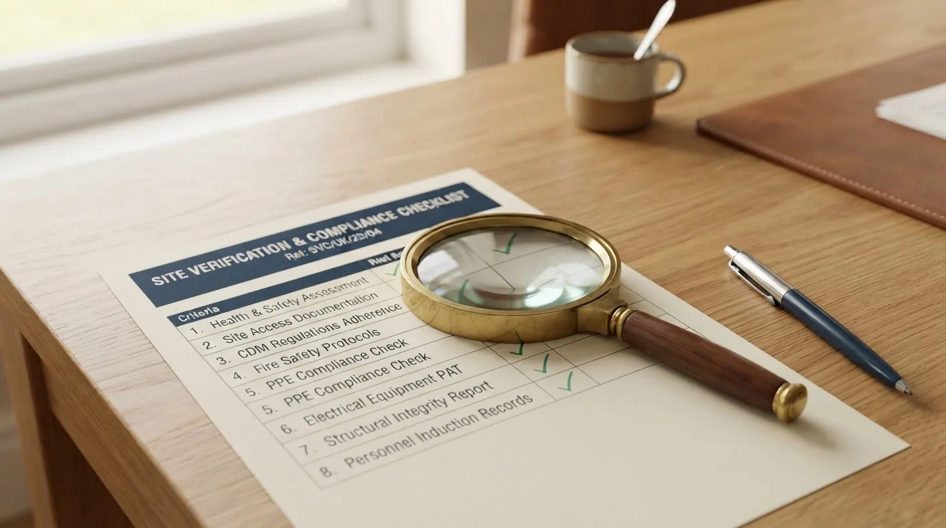 A magnifying glass rests over a printed regulatory certificate on a wooden desk.