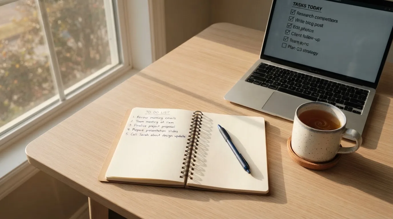 A tidy desk with a notebook, a mug of tea and a laptop open to a checklist, morning light through a window.