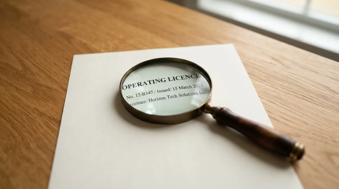 A magnifying glass rests over a printed regulatory certificate on a wooden desk.
