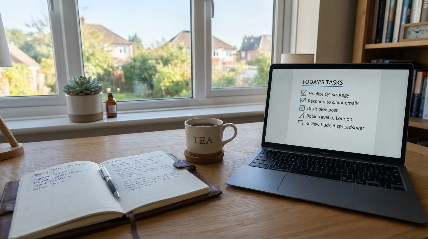 A tidy desk with a notebook, a mug of tea and a laptop open to a checklist, morning light through a window.