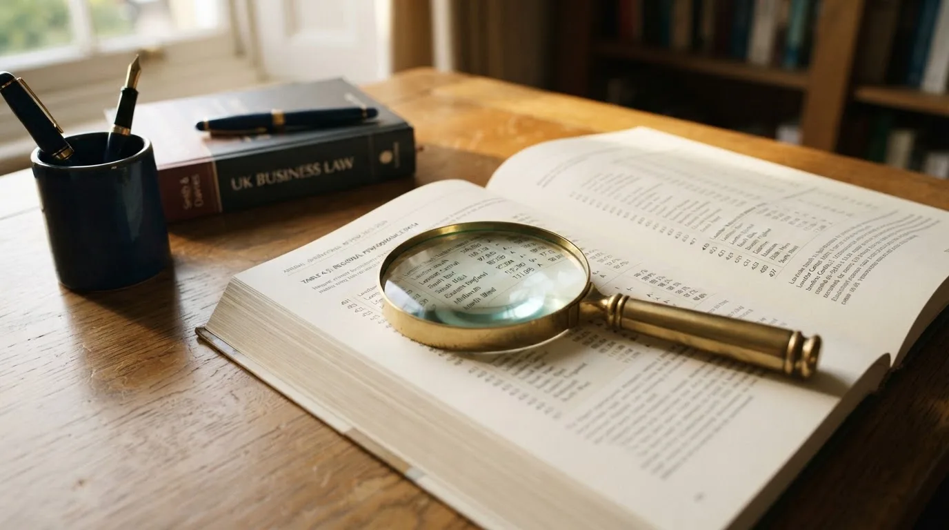 A magnifying glass rests over a printed regulatory certificate on a wooden desk.