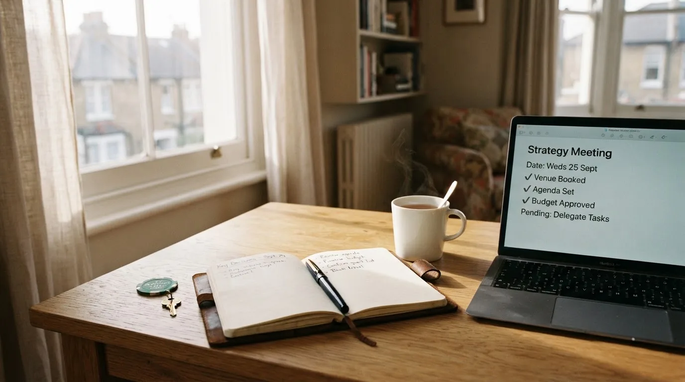 A tidy desk with a notebook, a mug of tea and a laptop open to a checklist, morning light through a window.