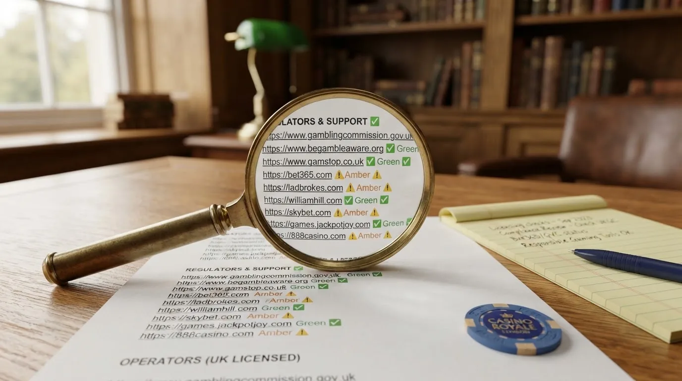 A magnifying glass rests over a printed regulatory certificate on a wooden desk.