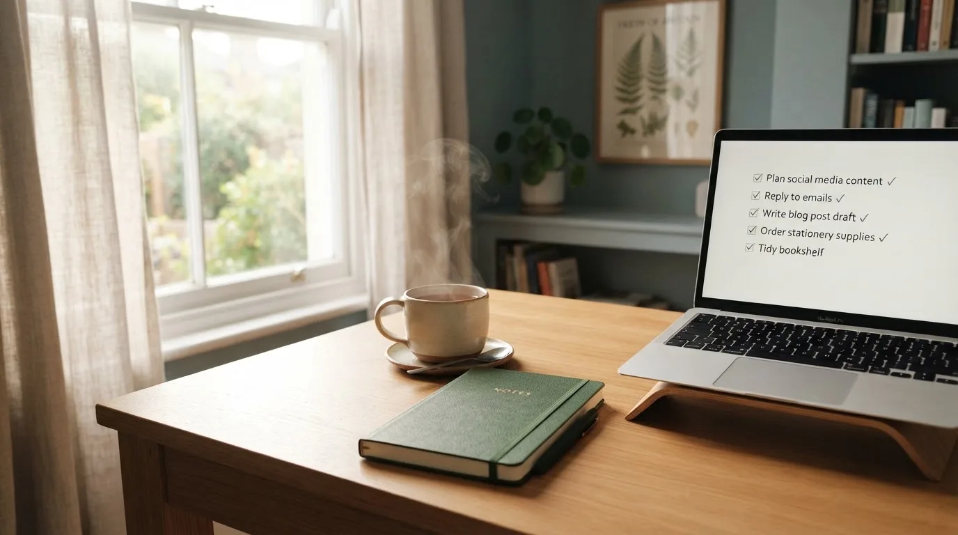 A tidy desk with a notebook, a mug of tea and a laptop open to a checklist, morning light through a window.
