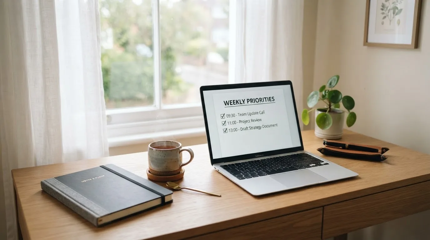 A tidy desk with a notebook, a mug of tea and a laptop open to a checklist, morning light through a window.