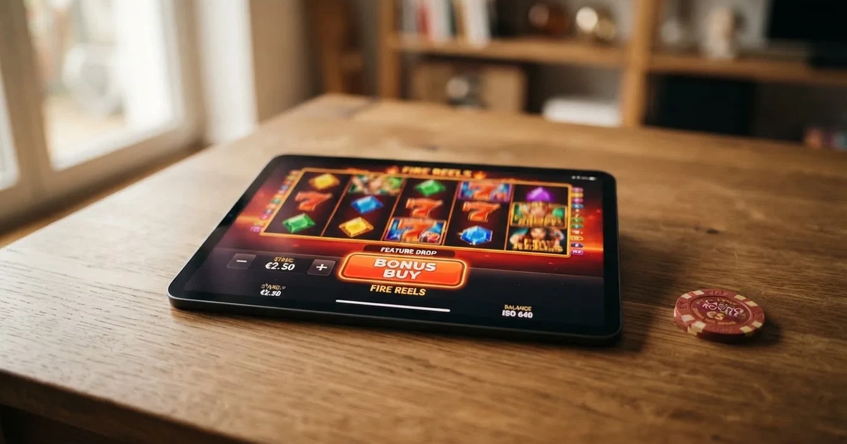 A tablet screen shows a slot's bonus-purchase button beside a stake amount field on a desk.
